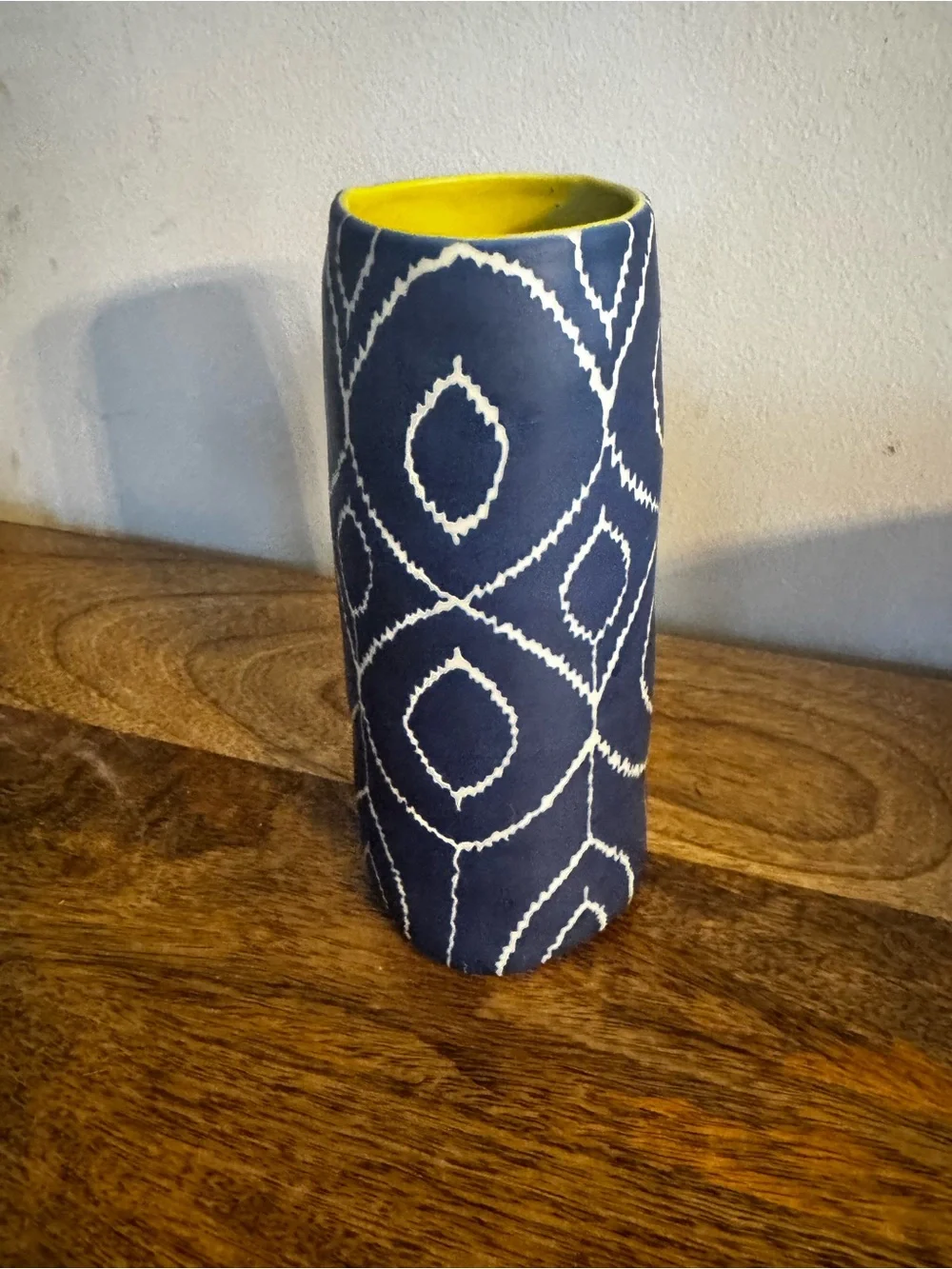 Blue and Yellow Ceramic Vase with White Geometric Pattern - Home Accent